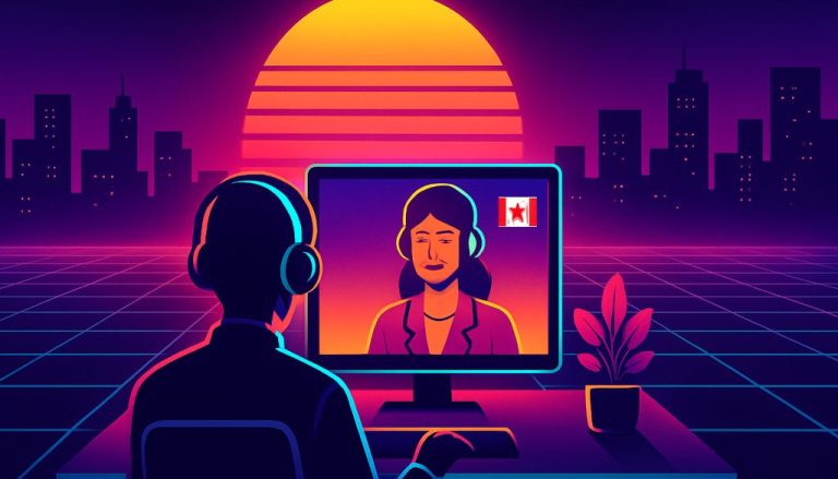 An HR manager on a video call welcomes a new Canadian hire, an employer of record Canada onboarding moment in a bright office