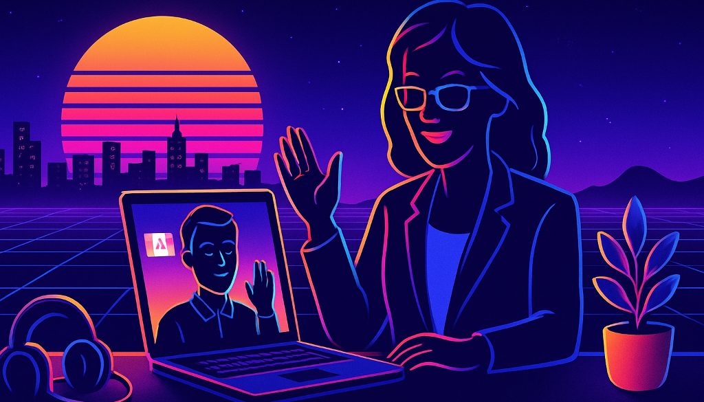 An HR manager on a video call welcomes a new Canadian hire, an employer of record Canada onboarding moment in a bright office