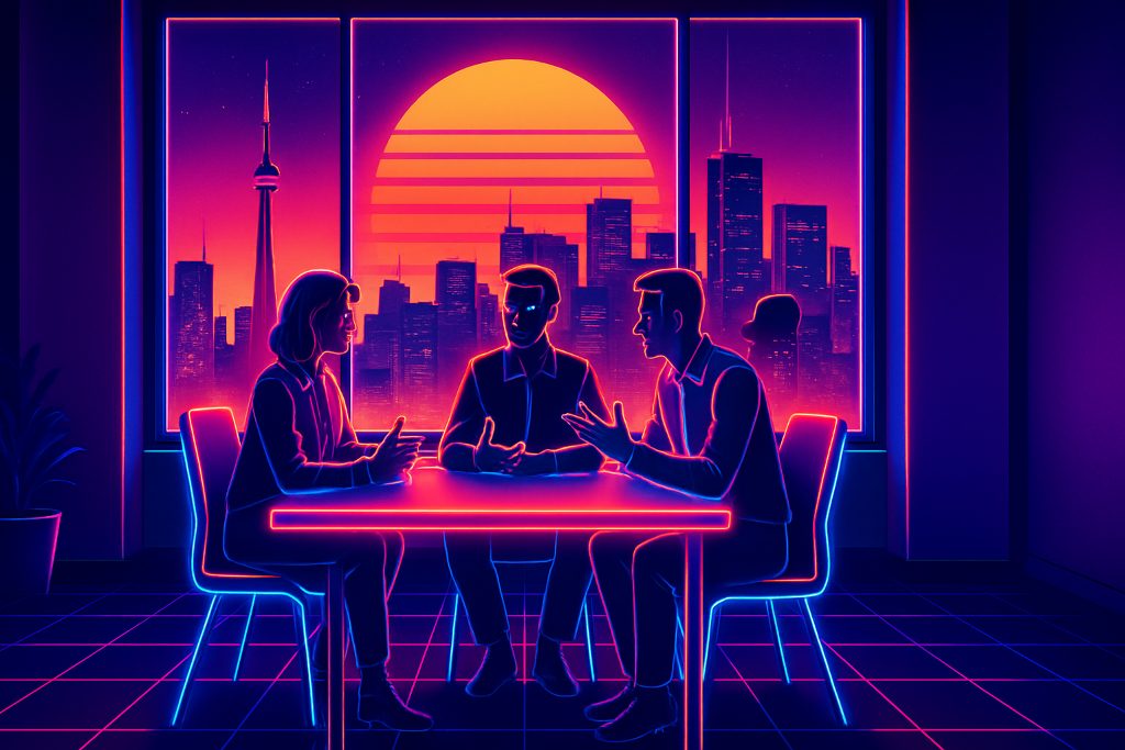 A small distributed team meets in a Toronto co-working space while using an employer of record Canada provider