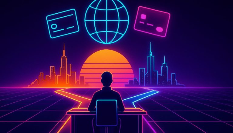 A founder at a neon crossroads choosing between two glowing paths toward different city skylines, a wireframe globe and payment cards above, representing Deel alternatives