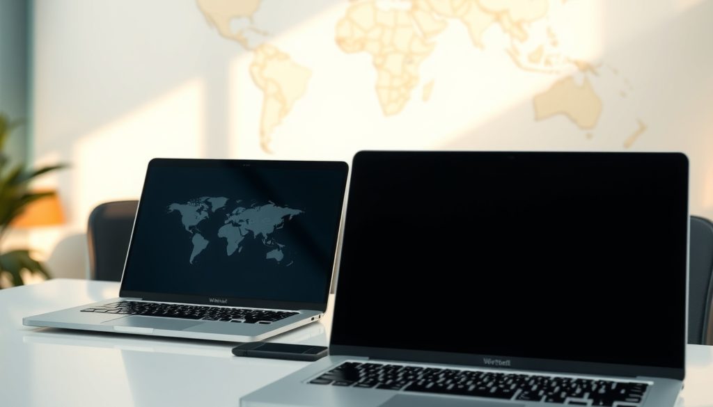 Two laptops on a desk with a world map for a Deel vs Rippling hiring decision