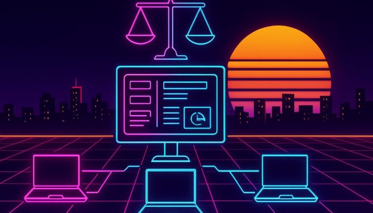 Employee monitoring laws shown as glowing oversight lines from home laptops to one employer compliance dashboard