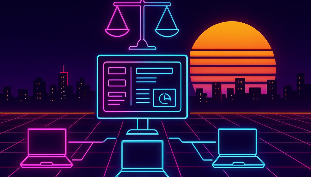 Employee monitoring laws shown as glowing oversight lines from home laptops to one employer compliance dashboard