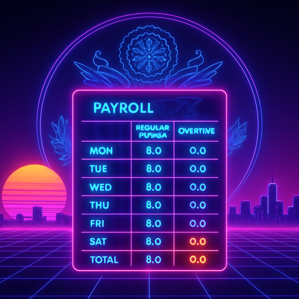 Neon payroll timesheet with overtime hours highlighted for time tracking for remote employees