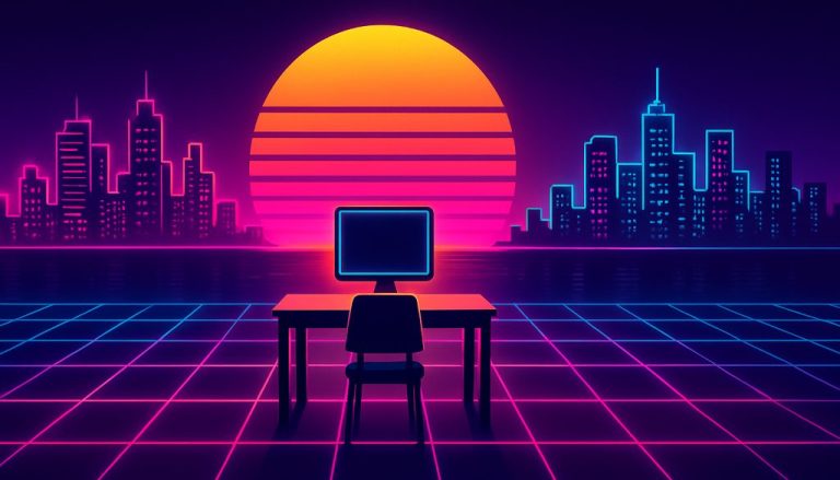 A synthwave scene of a glowing globe and facing city skylines representing geographic pay differentials for remote teams