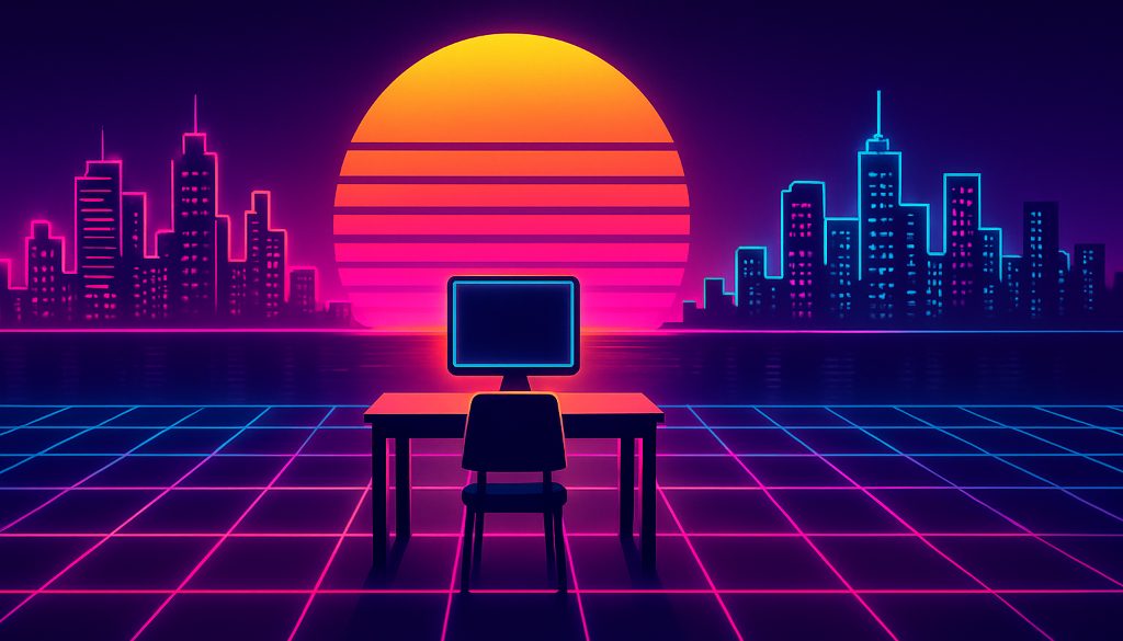 A synthwave scene of a glowing globe and facing city skylines representing geographic pay differentials for remote teams