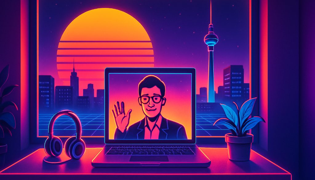 An HR manager on a video call welcomes a new Berlin hire, an employer of record Germany onboarding in a bright office