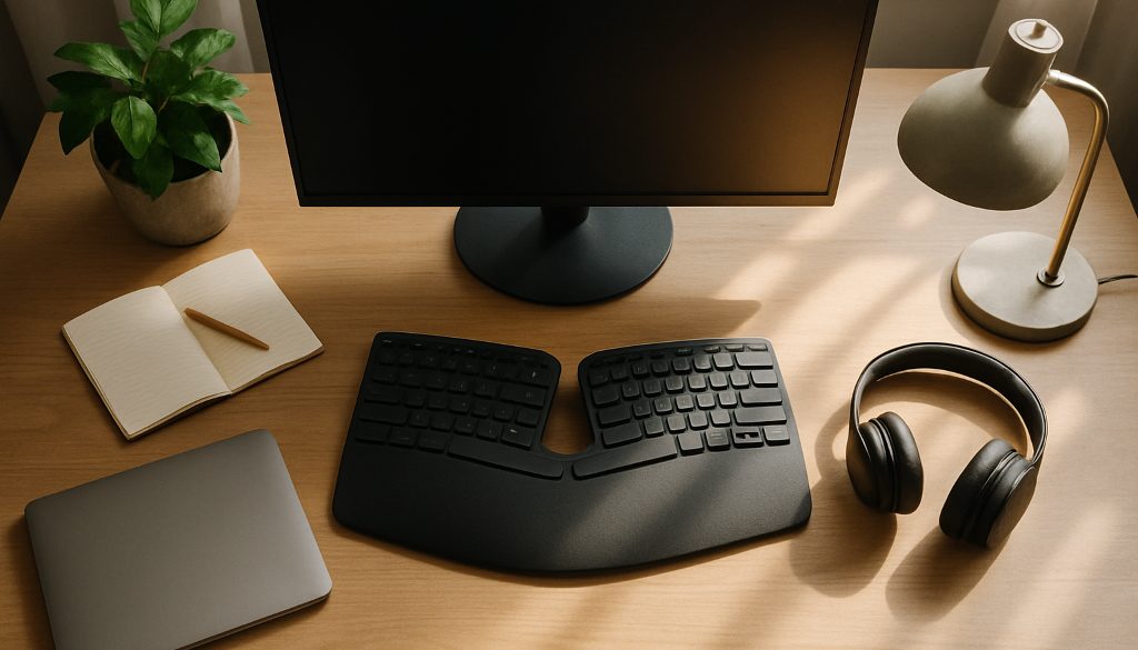 A home office stipend buys a monitor, keyboard, headphones and a closed laptop on a tidy desk