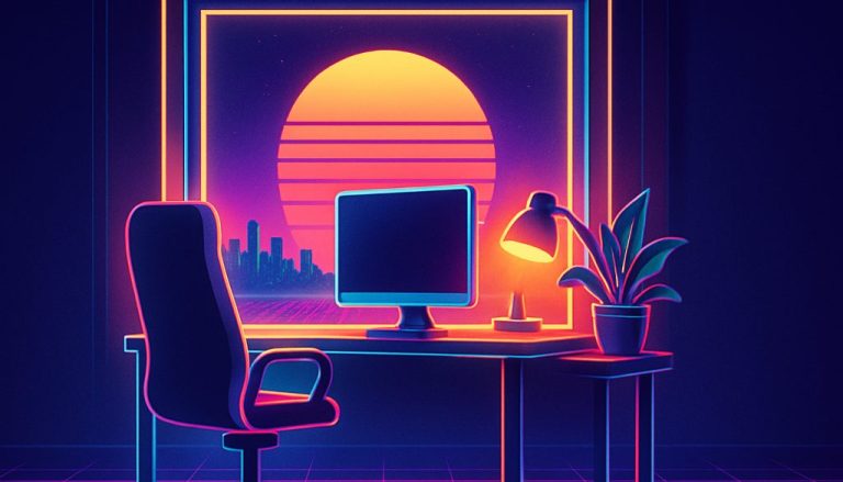 A home office stipend outfits a remote desk with a chair, monitor, lamp and plant by a window