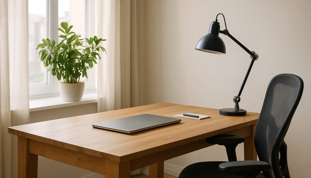 A home office stipend outfits a remote desk with a chair, lamp and plant by a window