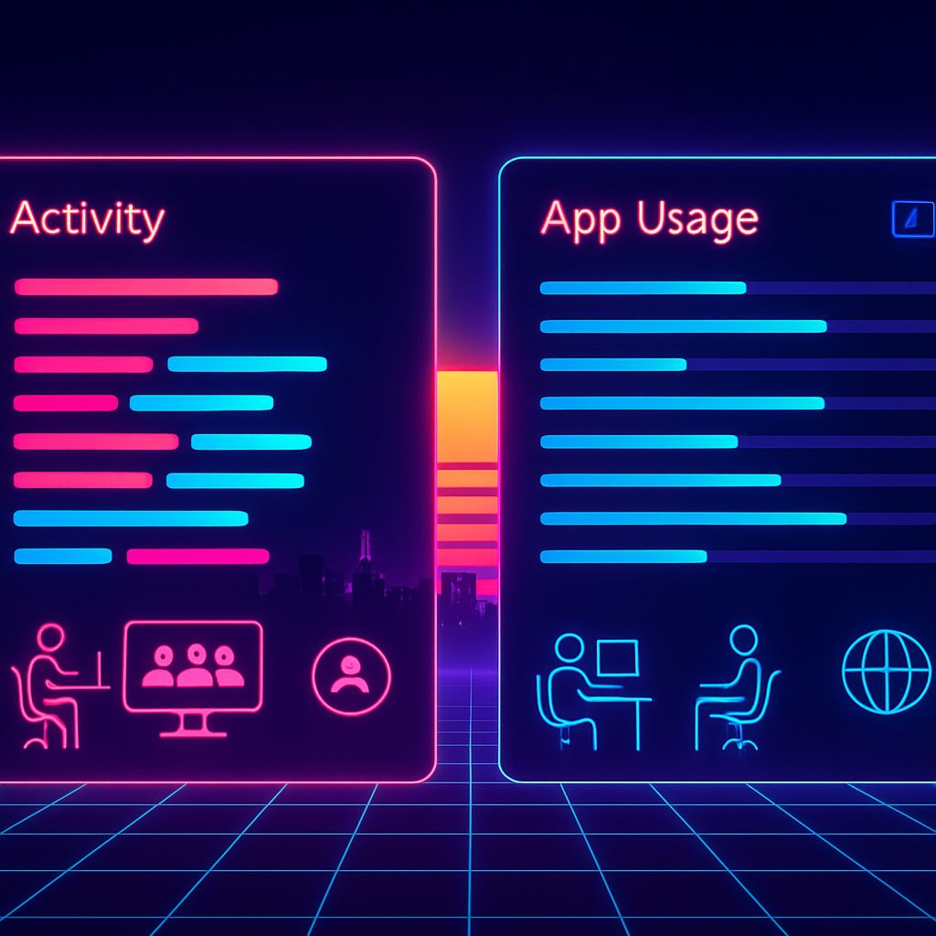 Comparison of remote employee monitoring software panels showing activity bars and app usage