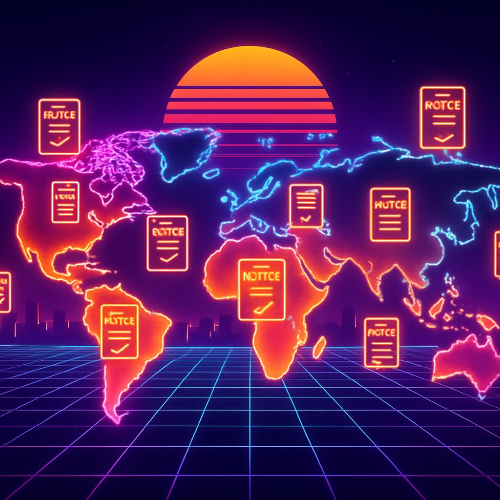 Consent and notice documents for remote employee monitoring software laid across a world map