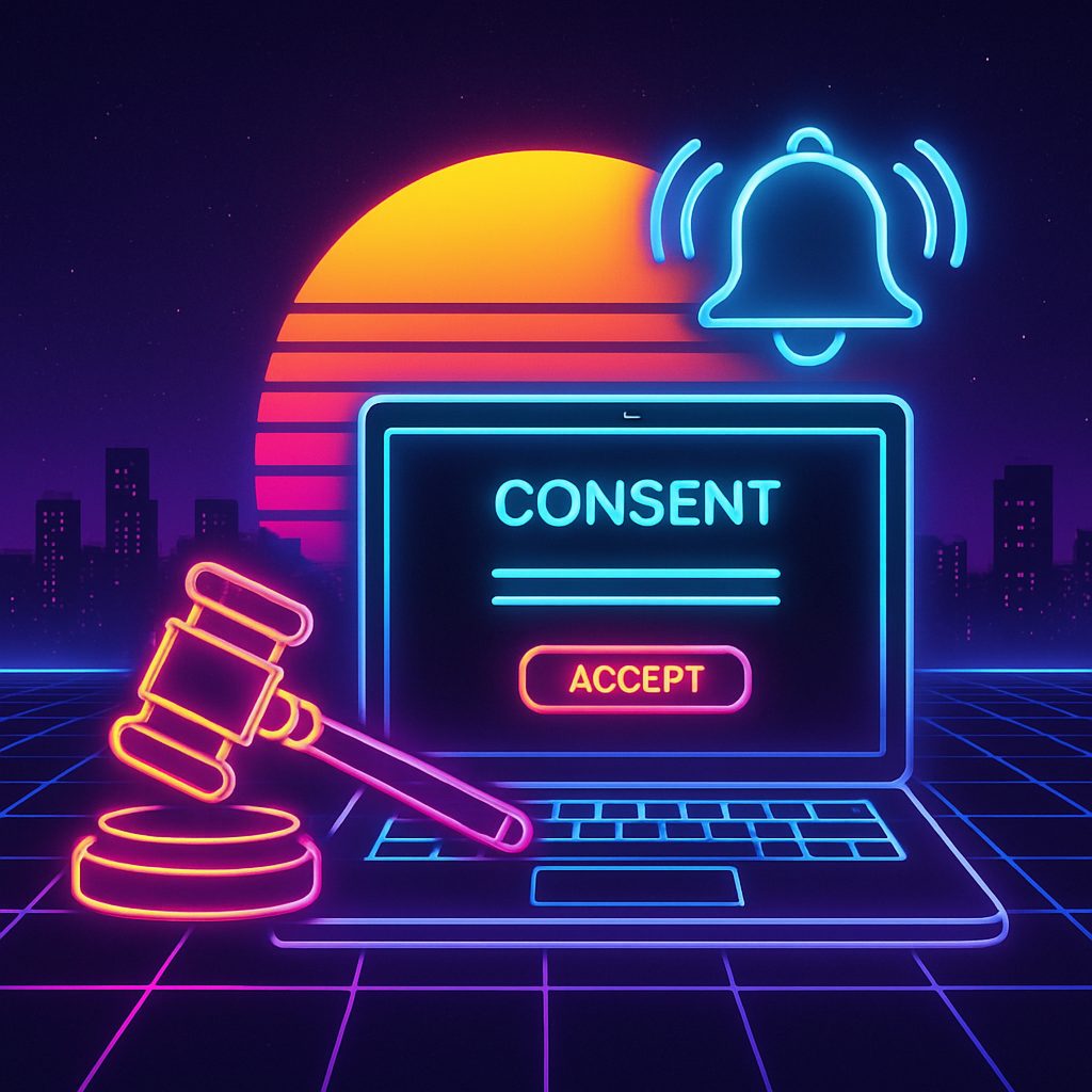 Laptop with a consent notice and a gavel beside it for choosing Hubstaff alternatives