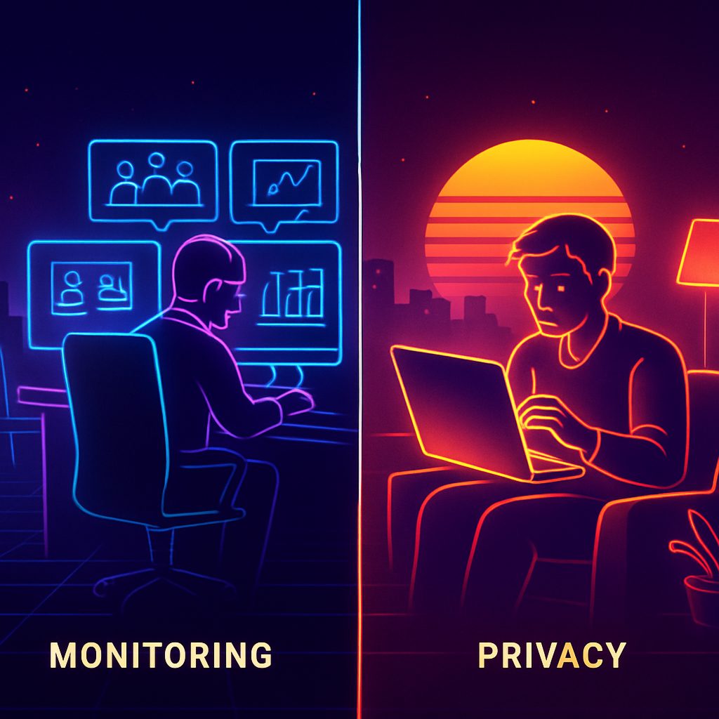 The two sides of employee monitoring laws, a manager reviewing team activity while an employee closes a laptop at home