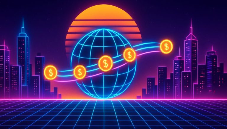 Neon light streams carrying coins across a wire-grid globe between two city skylines, illustrating how to pay international contractors