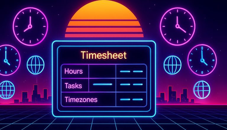Neon illustration of time tracking for remote employees on a shared dashboard