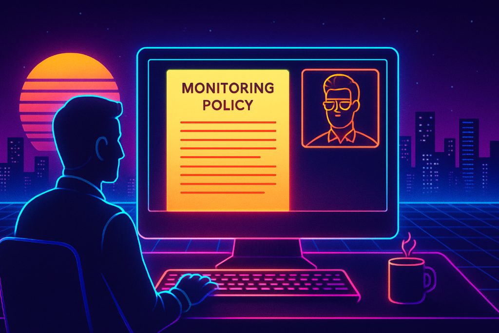 A manager shows a written employee monitoring laws notice to a remote employee on a video call
