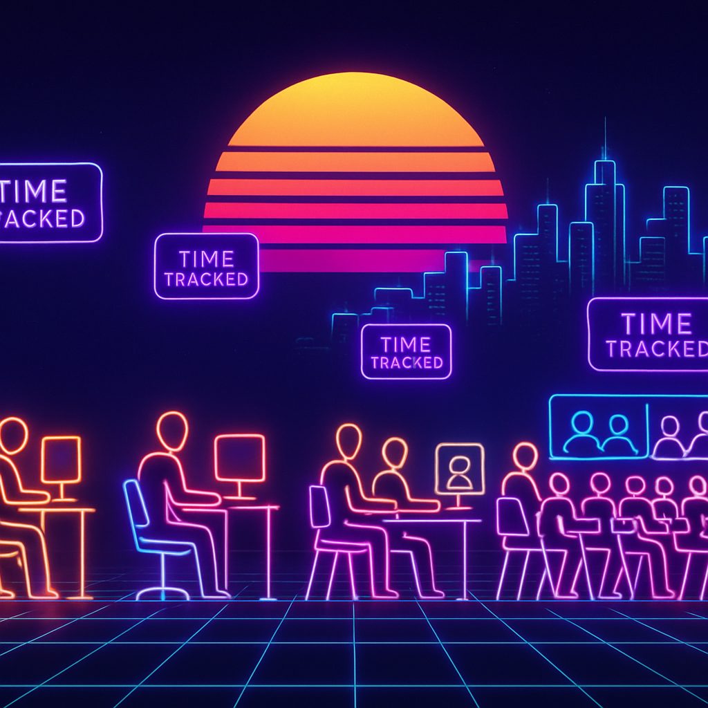Neon illustration of a growing remote team using time tracking for remote employees at every stage