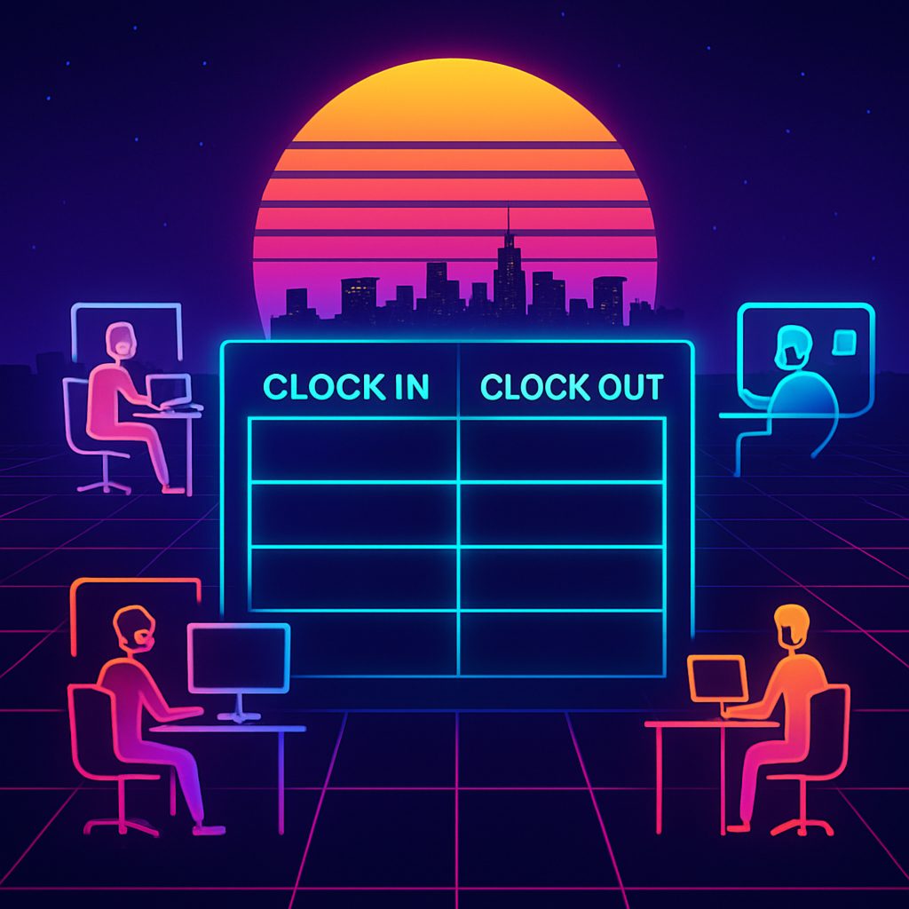 Neon timesheet grid with clock-in rows for time tracking for remote employees