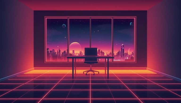 A home office desk facing a city skyline, representing current remote work stats