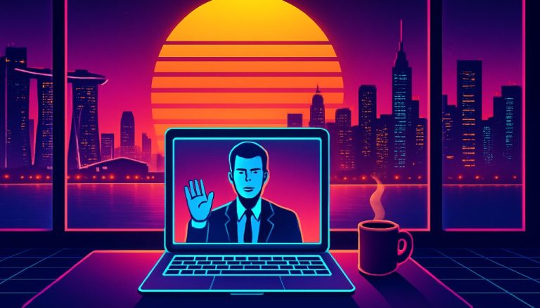 A hiring manager welcomes a new team member on a video call, an employer of record Singapore onboarding moment with the skyline behind