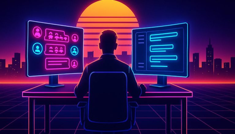 Team lead comparing Slack alternatives for a remote team across two monitors
