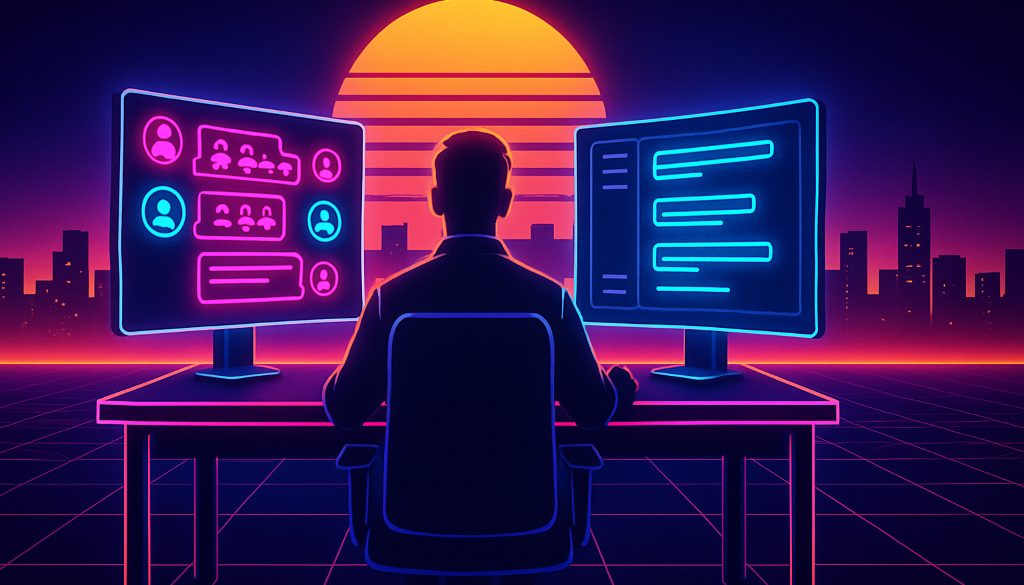 Team lead comparing Slack alternatives for a remote team across two monitors