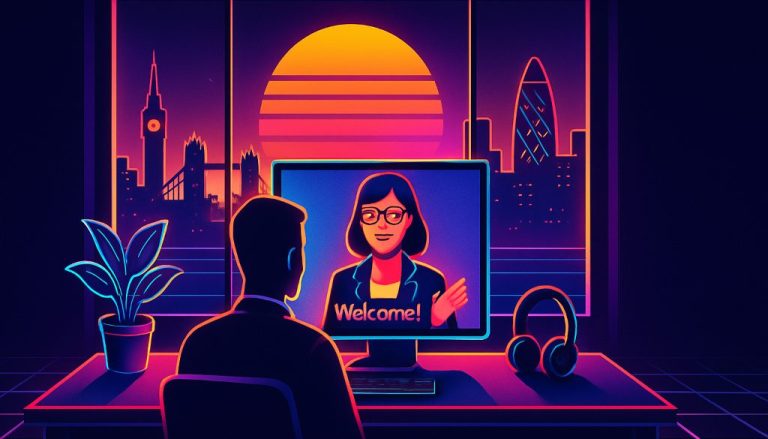 An HR manager on a video call welcomes a new London hire, an employer of record UK onboarding moment in a bright office